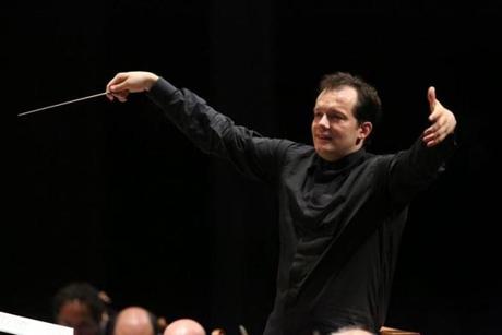 Conductor Andris Nelsons with the Leipzig Gewandhaus Orchestra.
